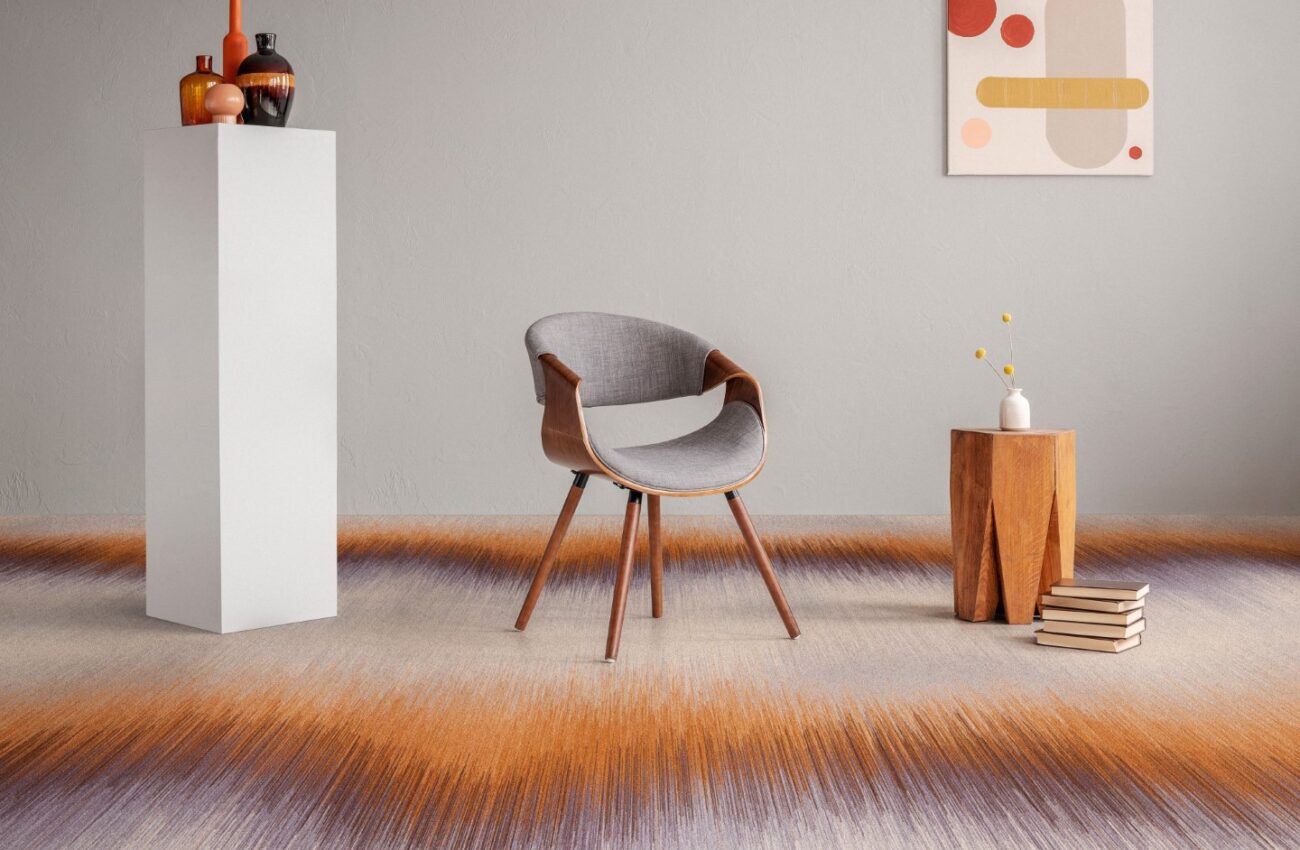 Trendy grey and wooden chair in retro living room interior; Shutterstock ID 1292525683; Projekt: -